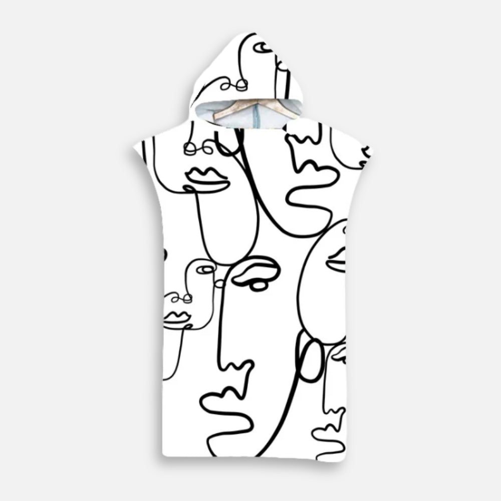 Poncho de bain microfibre adulte blanc capuche avec motif de visages minimalistes continu