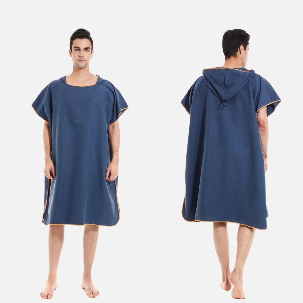 Poncho de bain microfibre bleu adulte avec capuche, vue de face et dos, séchage rapide