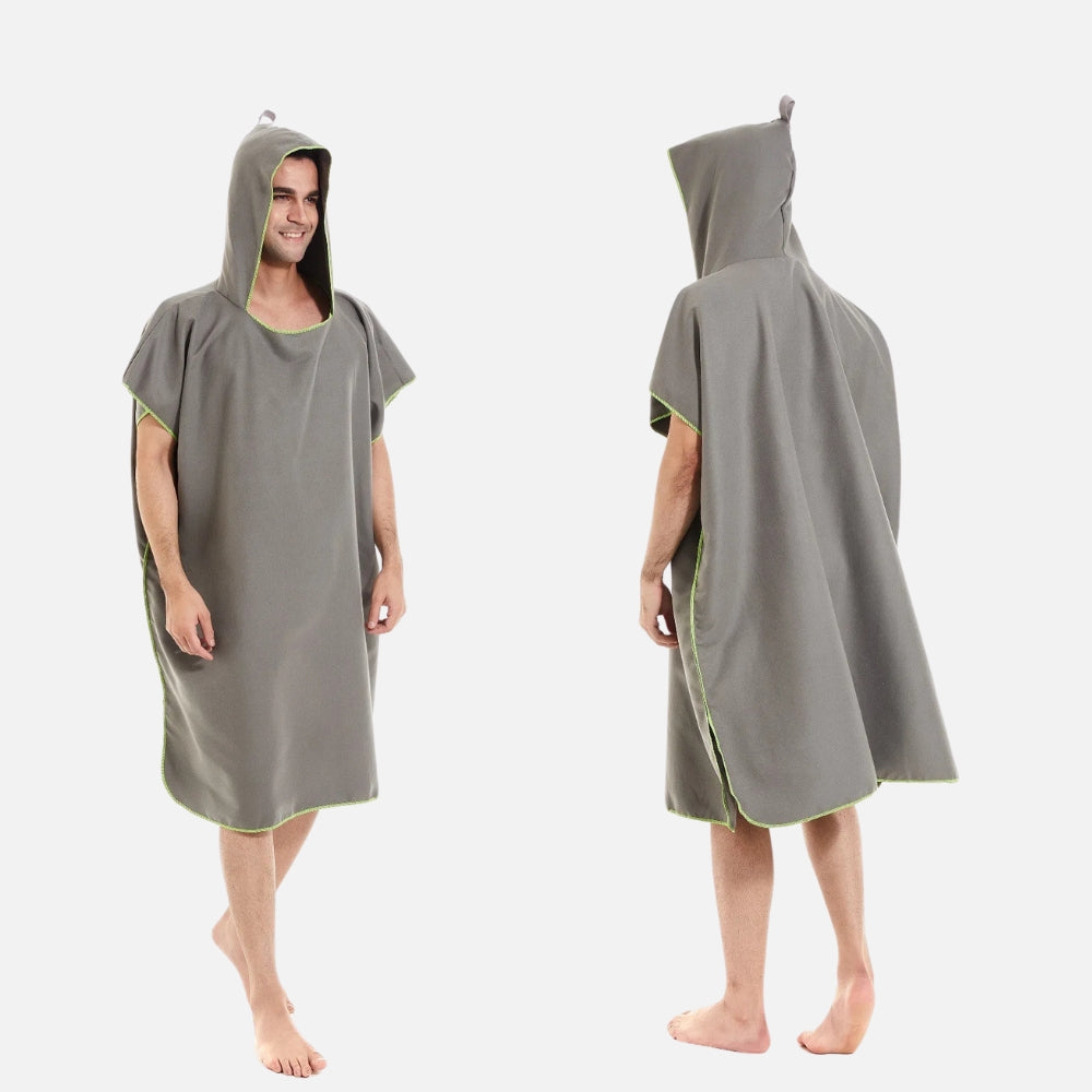 Poncho de bain microfibre adulte gris avec capuche, vue de face et dos, séchage rapide