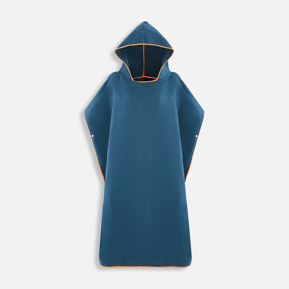 Poncho de bain microfibre adulte bleu avec capuche et bordures orange, vue de face