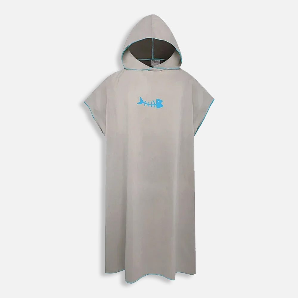 Poncho de bain microfibre gris adulte avec capuche et logo poisson bleu, séchage rapide