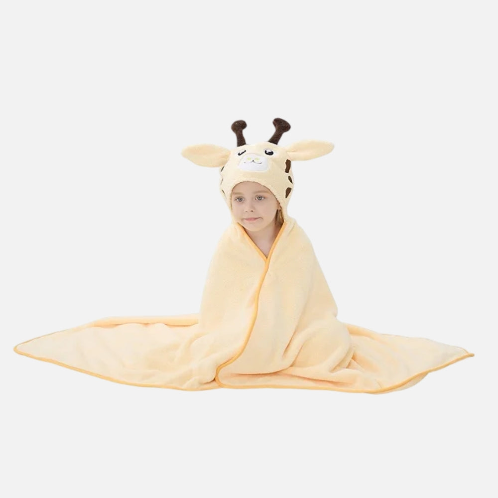 Enfant portant poncho de bain microfibre jaune avec capuche girafe et oreilles