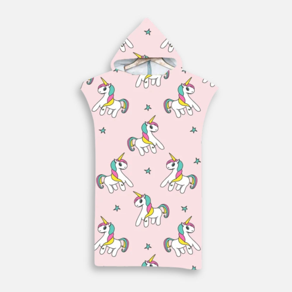 Poncho de bain microfibre enfant rose avec capuche licorne et motifs étoilés