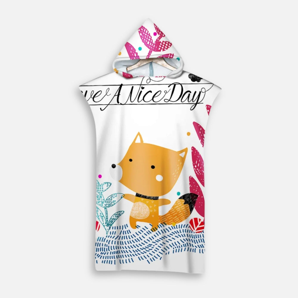 Poncho de bain microfibre enfant blanc avec capuche, motif renard orange et texte Have A Nice Day