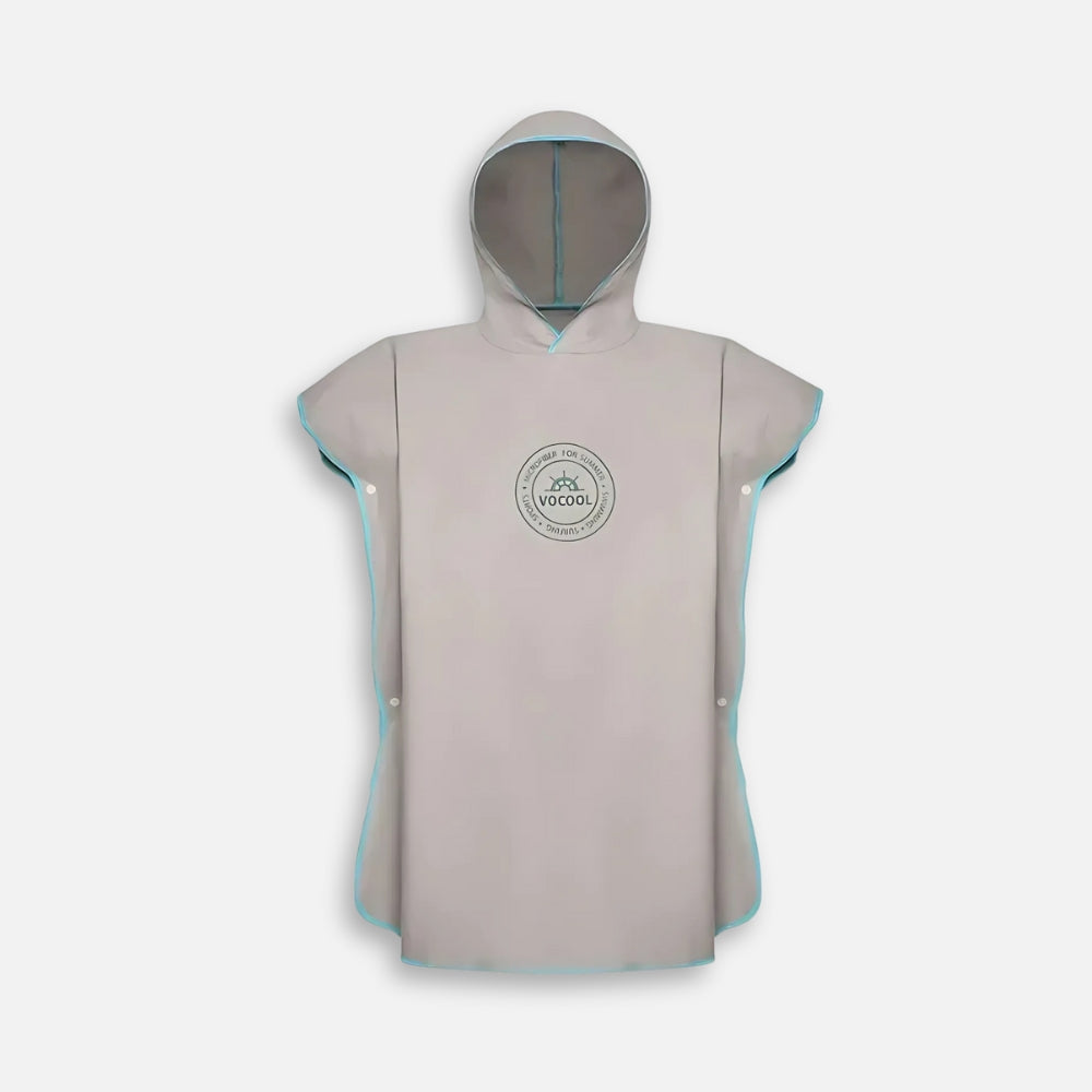 Poncho de bain microfibre enfant gris avec capuche et détails bleu turquoise