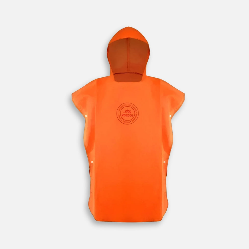 Poncho de bain microfibre enfant orange avec capuche et logo, vue de face à plat