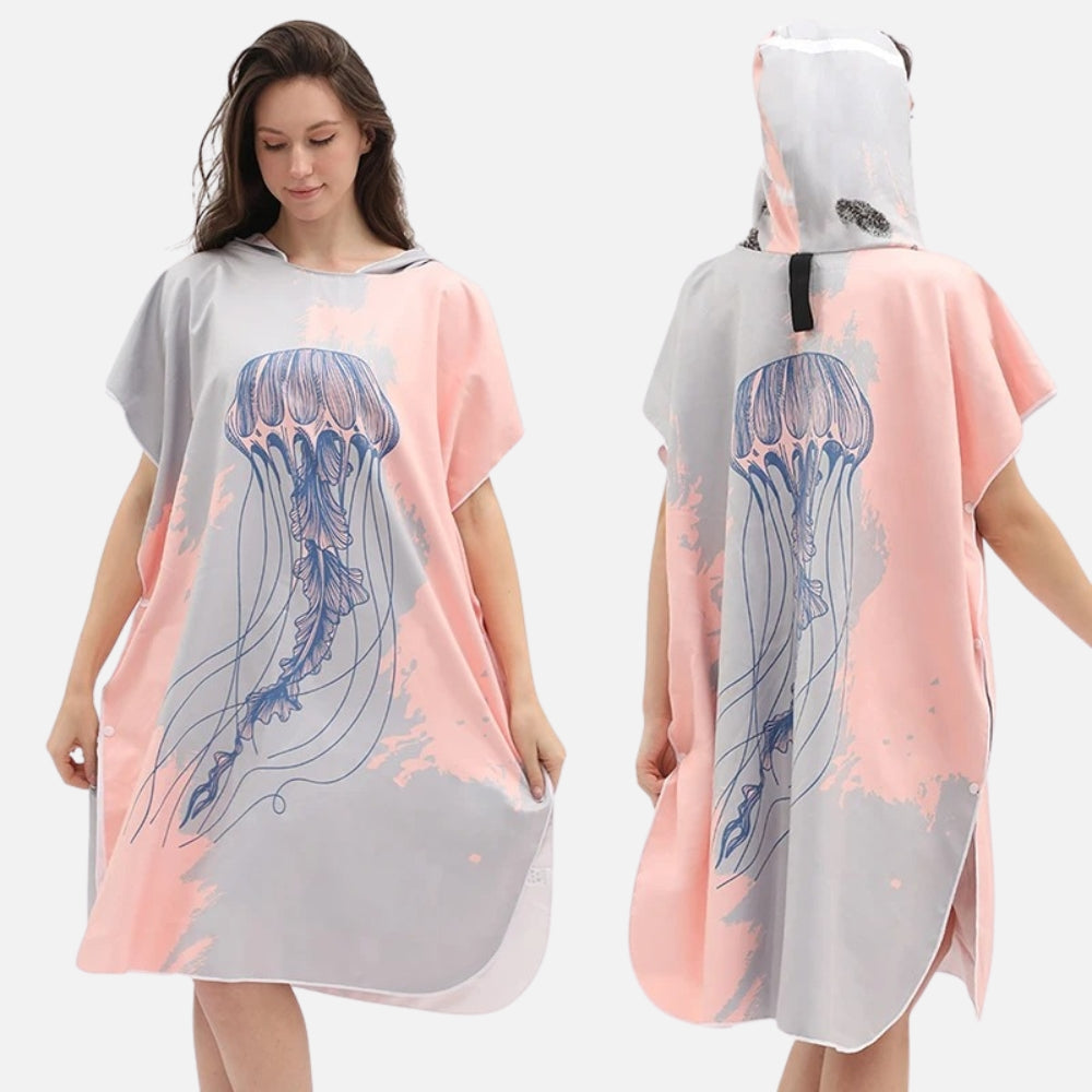 Poncho de bain microfibre femme avec capuche, motif méduse rose gris, vue face et dos