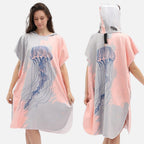 Poncho de bain microfibre femme avec capuche, motif méduse rose gris, vue face et dos
