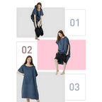 Poncho de bain microfibre femme bleu marine avec capuche, trois vues de port et détails de séchage rapide