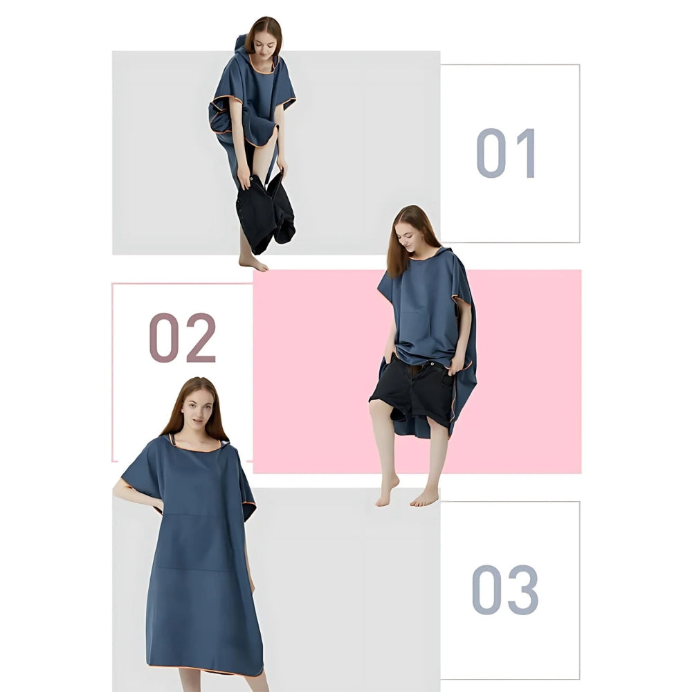 Poncho de bain microfibre femme bleu marine avec capuche, trois vues de port et détails de séchage rapide