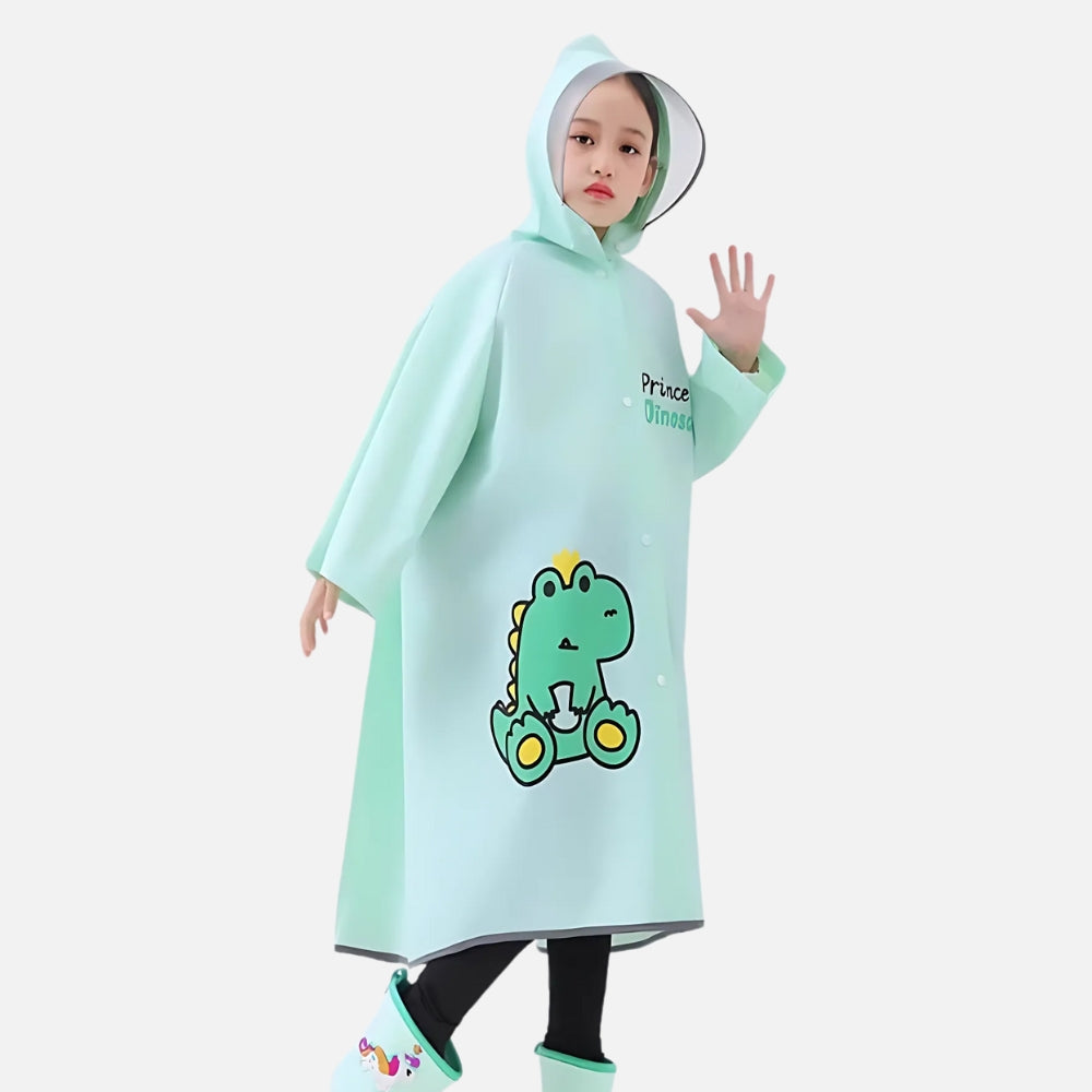 Enfant portant poncho pluie vert menthe capuche dinosaure bandes réfléchissantes