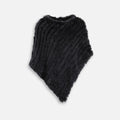 Poncho en fourrure de lapin noir asymétrique avec col montant, présenté à plat sur fond blanc