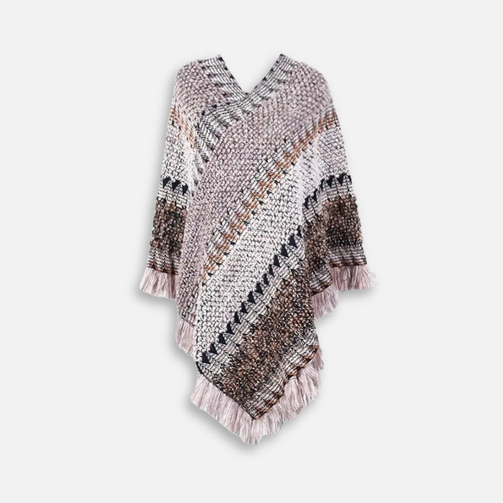 Poncho péruvien femme multicolore col V avec franges, présenté à plat vue de face