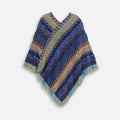Poncho péruvien coton multicolore à col V avec franges, motifs géométriques bleu marine beige orange