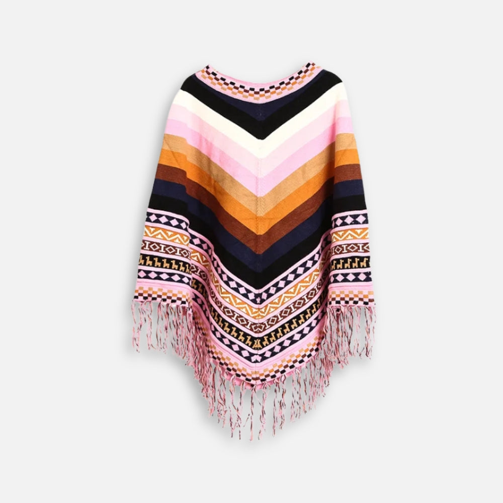 Poncho péruvien femme multicolore à rayures chevrons et franges roses, col V avec motifs géométriques