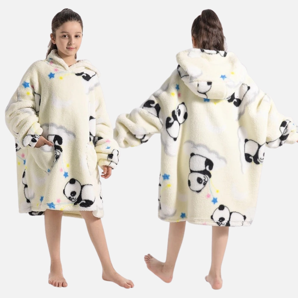 Poncho polaire enfant capuche motif panda beige porté de face et dos avec poche