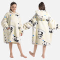 Poncho polaire enfant capuche motif panda beige porté de face et dos avec poche