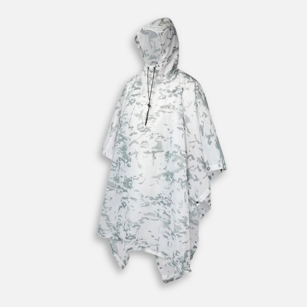 Poncho pluie camouflage blanc avec capuche, porté de face sur mannequin, motifs gris