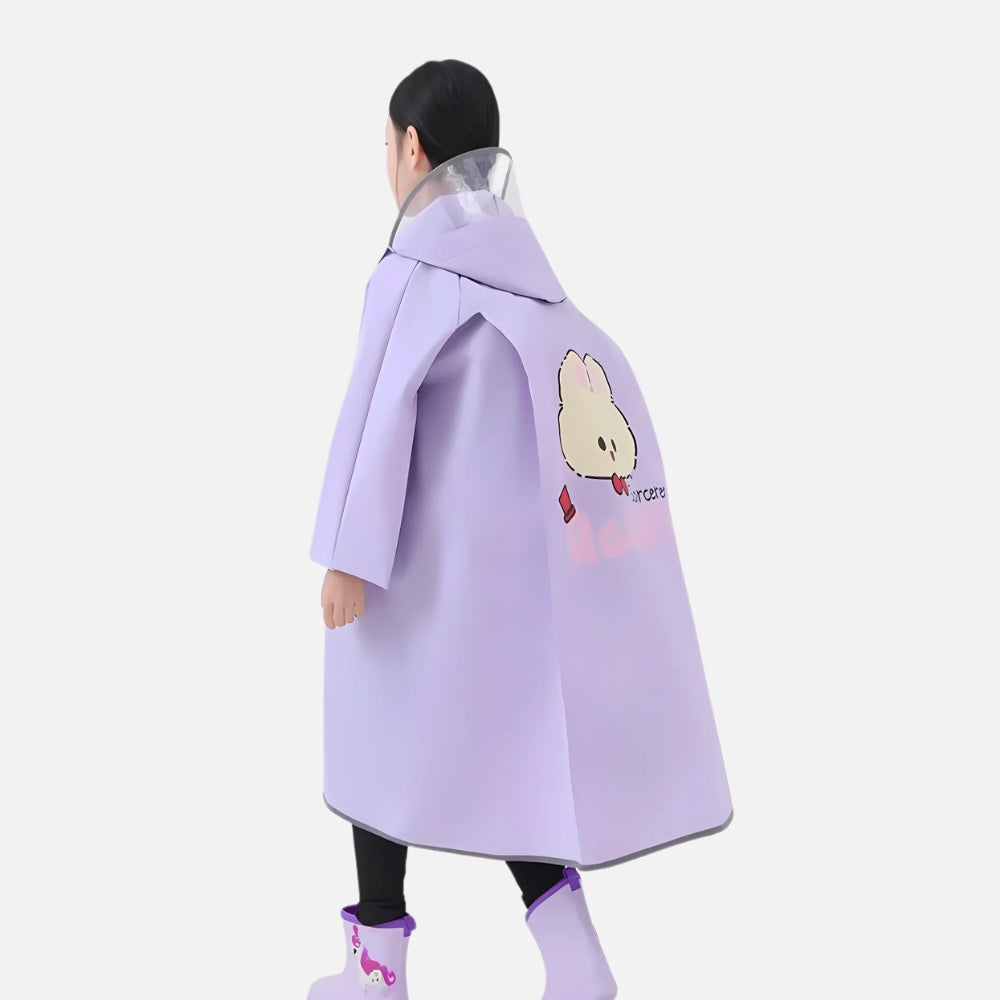 Enfant portant poncho pluie lavande à capuche avec motif lapin blanc et manches longues