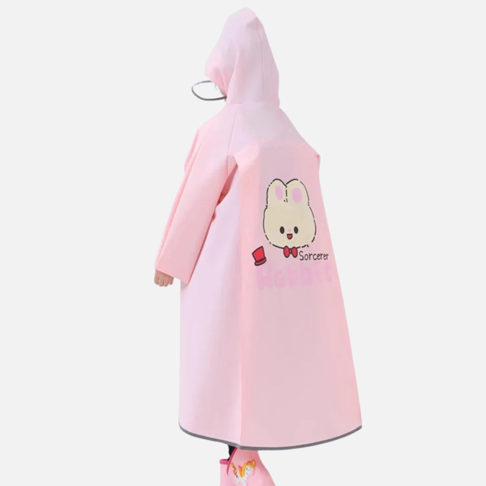Poncho de pluie enfant rose avec capuche, motif lapin mignon et manches longues, vue de dos