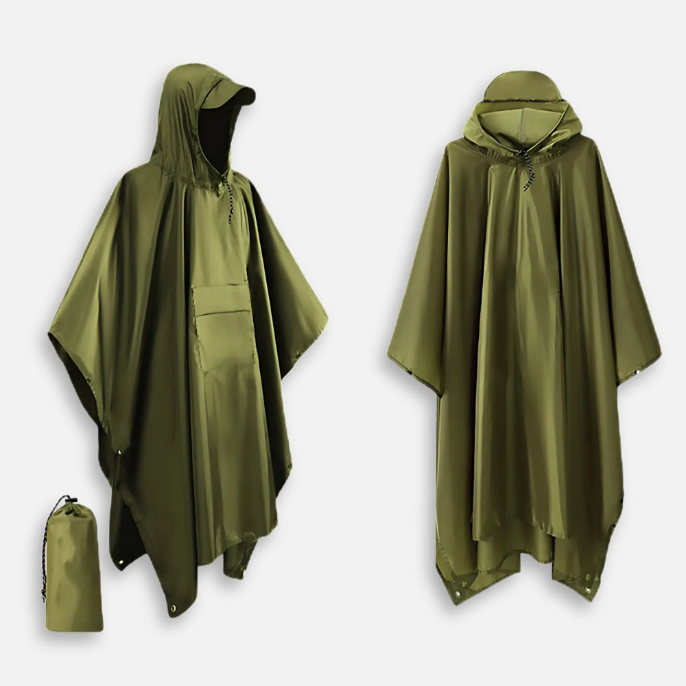 Poncho imperméable kaki avec capuche ajustable, montré de face et de dos, avec sac de rangement