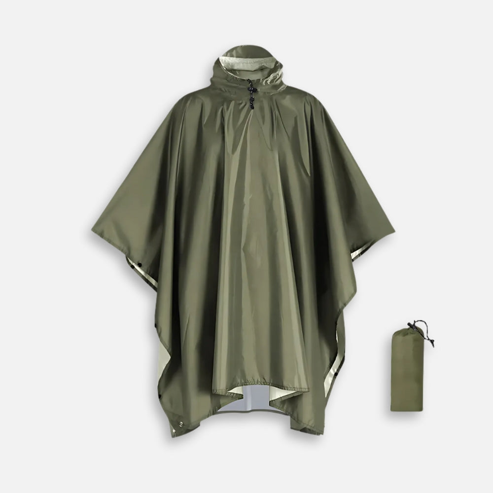 Poncho imperméable kaki avec capuche ajustable et sac de rangement, vue de face