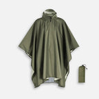 Poncho imperméable kaki avec capuche ajustable et sac de rangement, vue de face