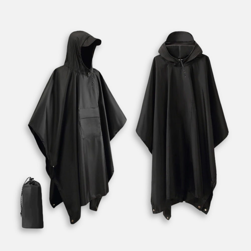 Poncho imperméable noir avec capuche ajustable montré de face et de dos, incluant sac de rangement