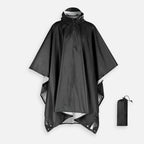 Poncho imperméable noir à capuche ajustable avec sac de rangement, vue de face et détail plié