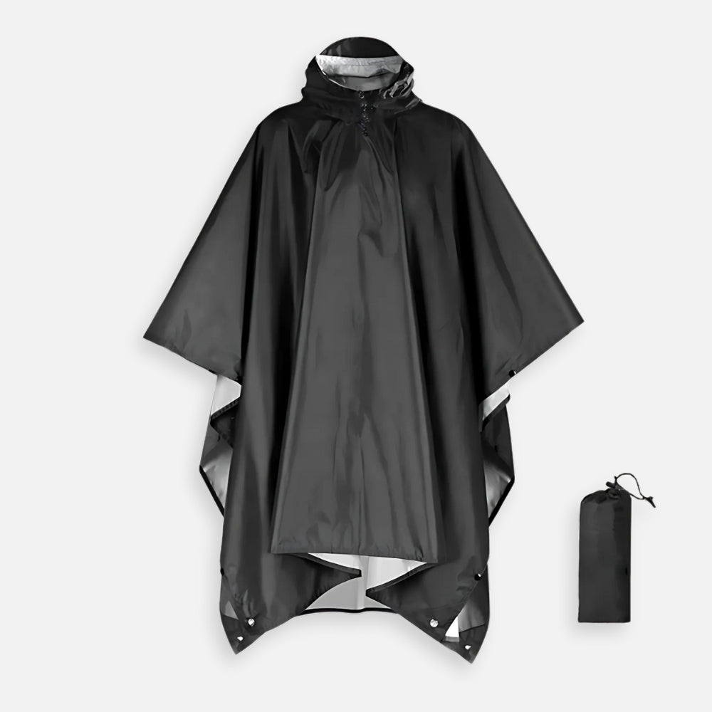 Poncho imperméable noir à capuche ajustable avec sac de rangement, vue de face et détail plié