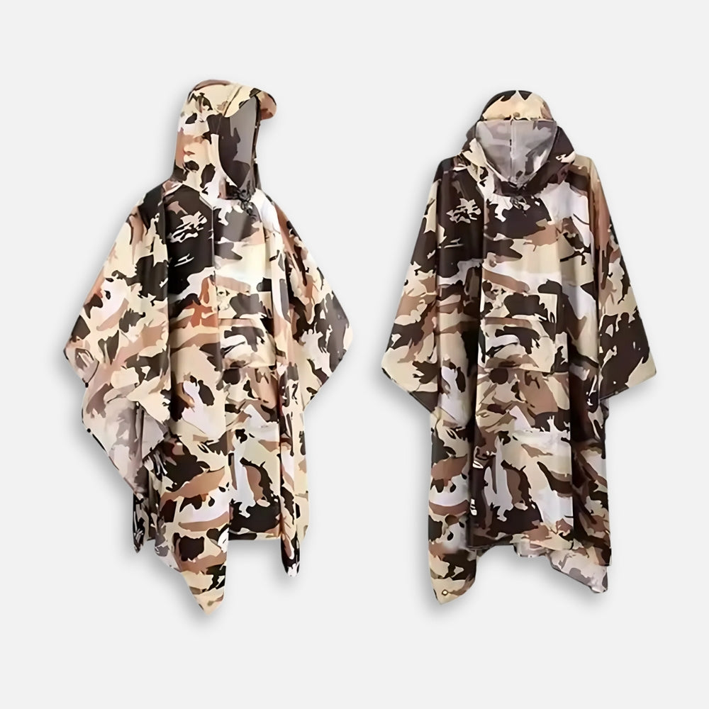 Poncho pluie camouflage nylon avec capuche, vue avant arrière, motif beige marron noir