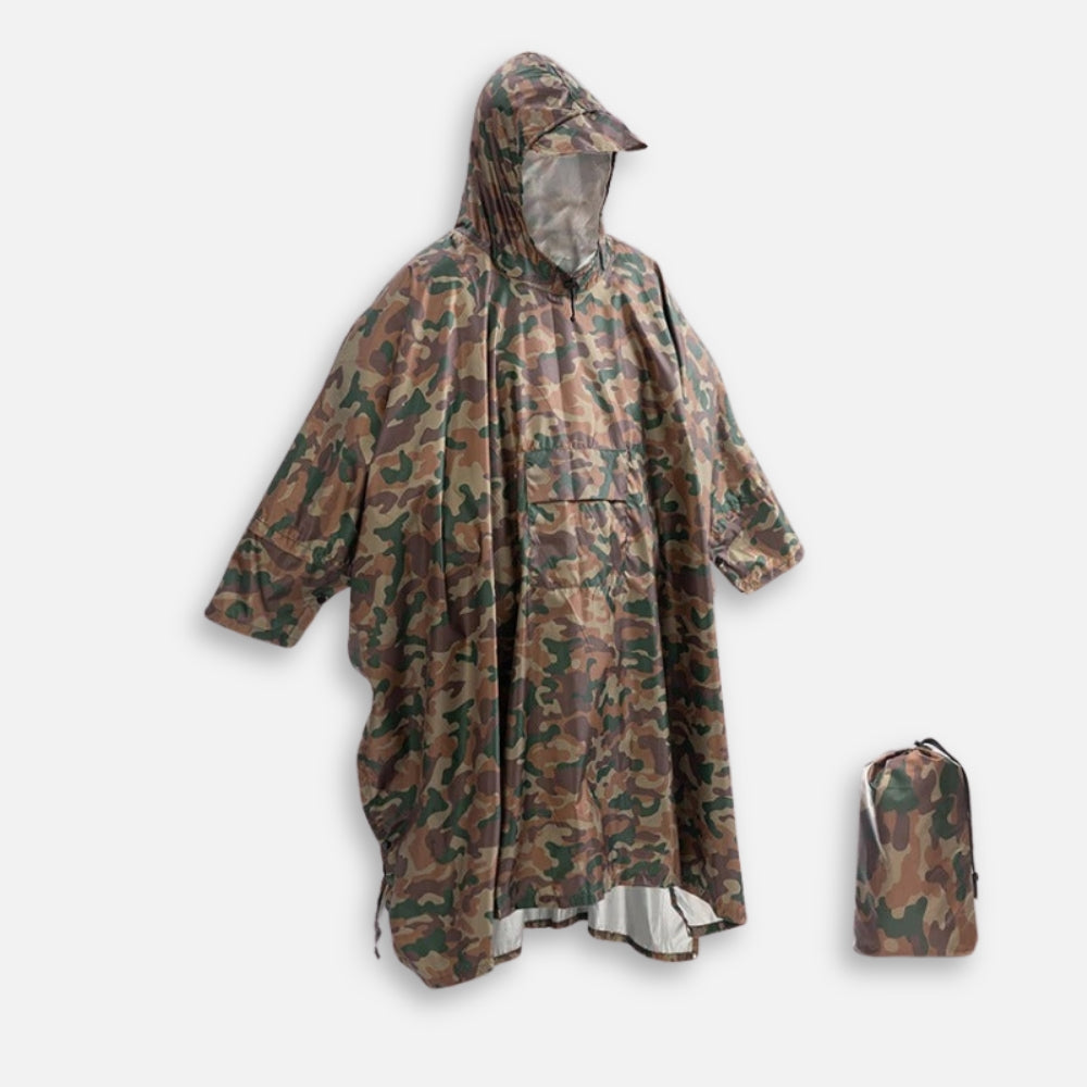 Poncho pluie camouflage kaki avec capuche et sac de rangement compact inclus