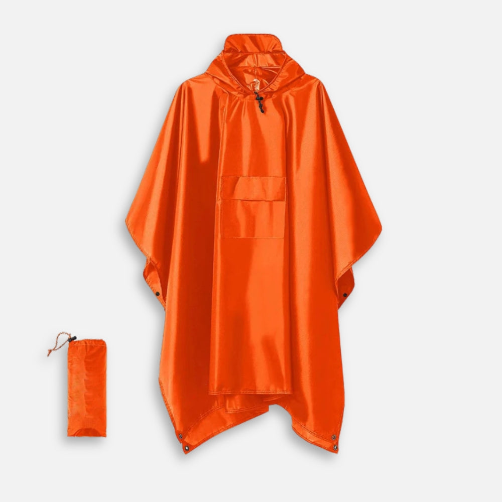 Poncho de pluie orange vif avec capuche ajustable et poche, présenté à plat avec son sac de rangement