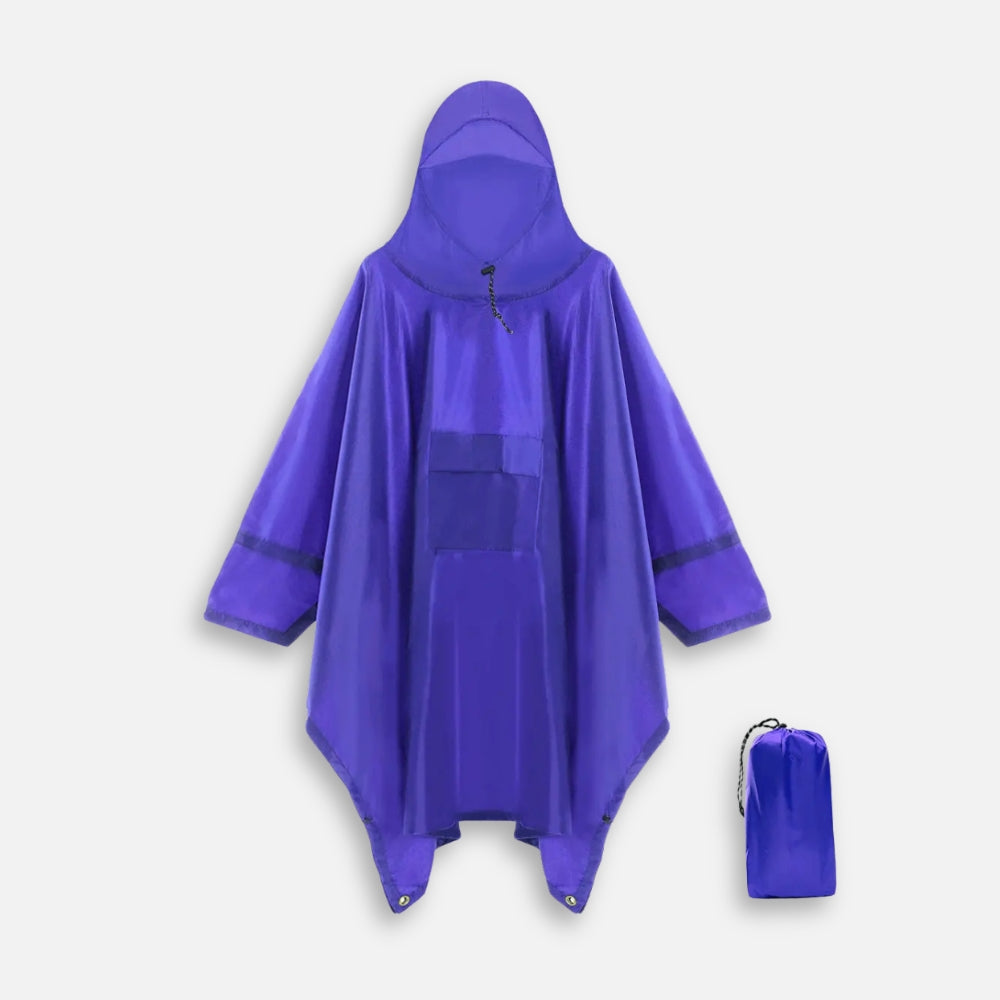 Poncho pluie bleu nylon avec capuche ajustable, plié et son sac de rangement compact inclus