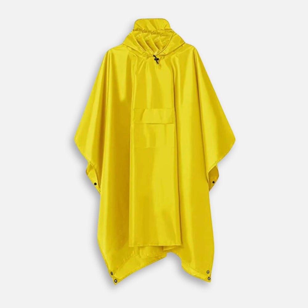 Poncho de pluie jaune vif avec capuche ajustable et poches, vue de face sur mannequin