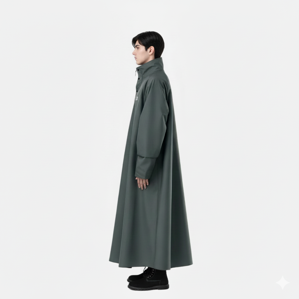 Homme portant poncho de pluie gris-vert avec manches longues et capuche, vue de profil