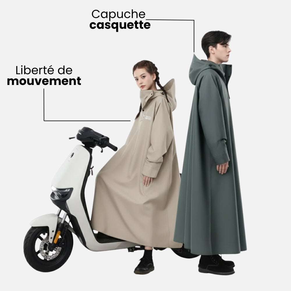 Poncho pluie polyester scooter avec capuche casquette, manches longues, beige et vert, vue de dos