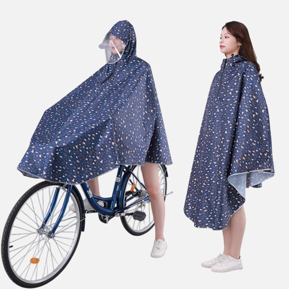 Poncho pluie vélo femme bleu marine à capuche visière et bandes réfléchissantes porté deux vues