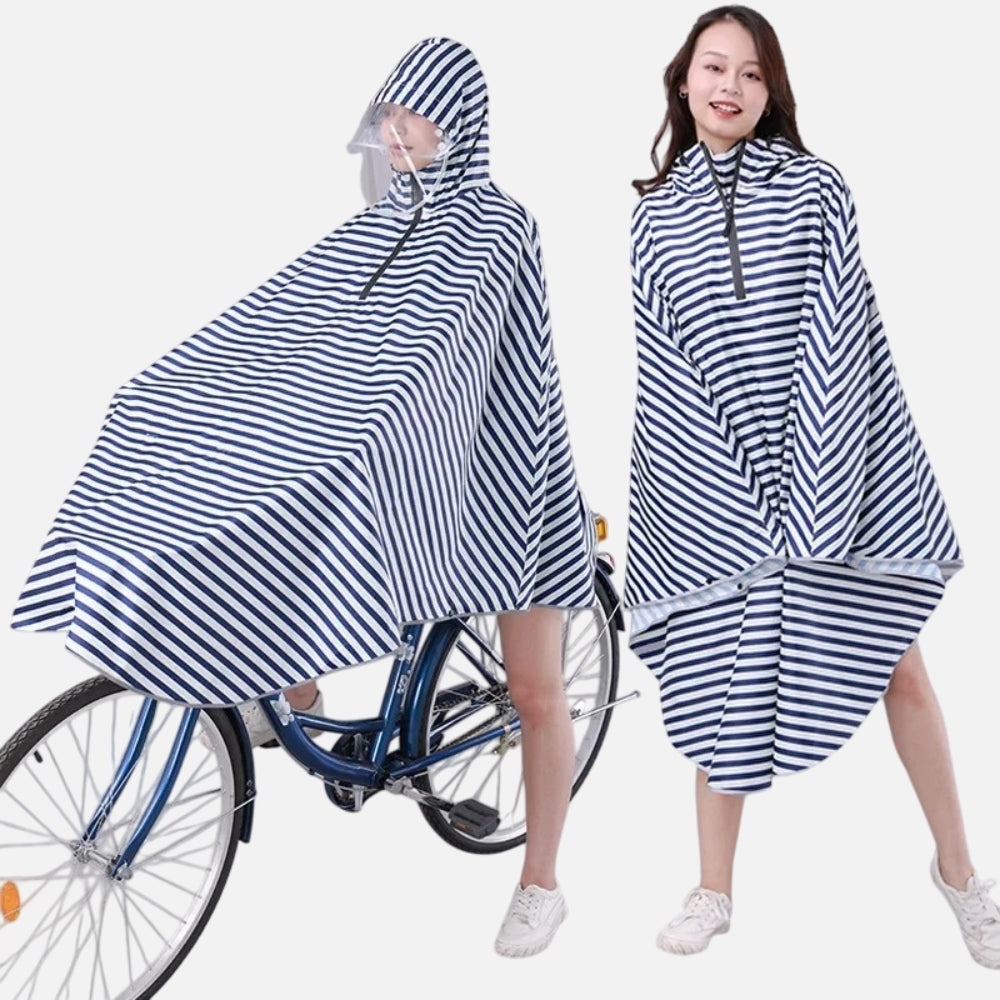 Poncho pluie femme rayé bleu blanc capuche visière porté vélo deux modèles
