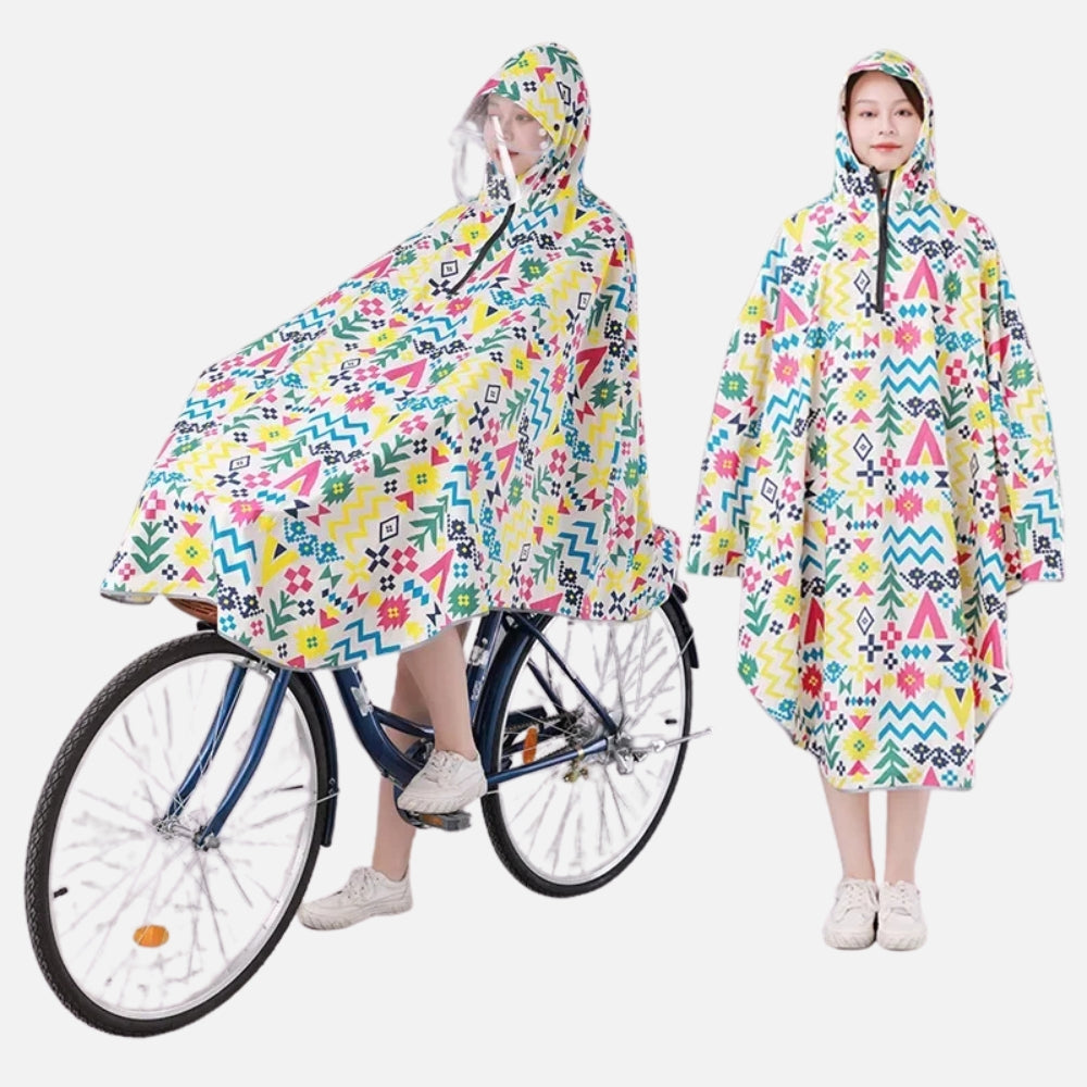 Poncho pluie vélo femme capuche visière motifs géométriques colorés jaune bleu rose