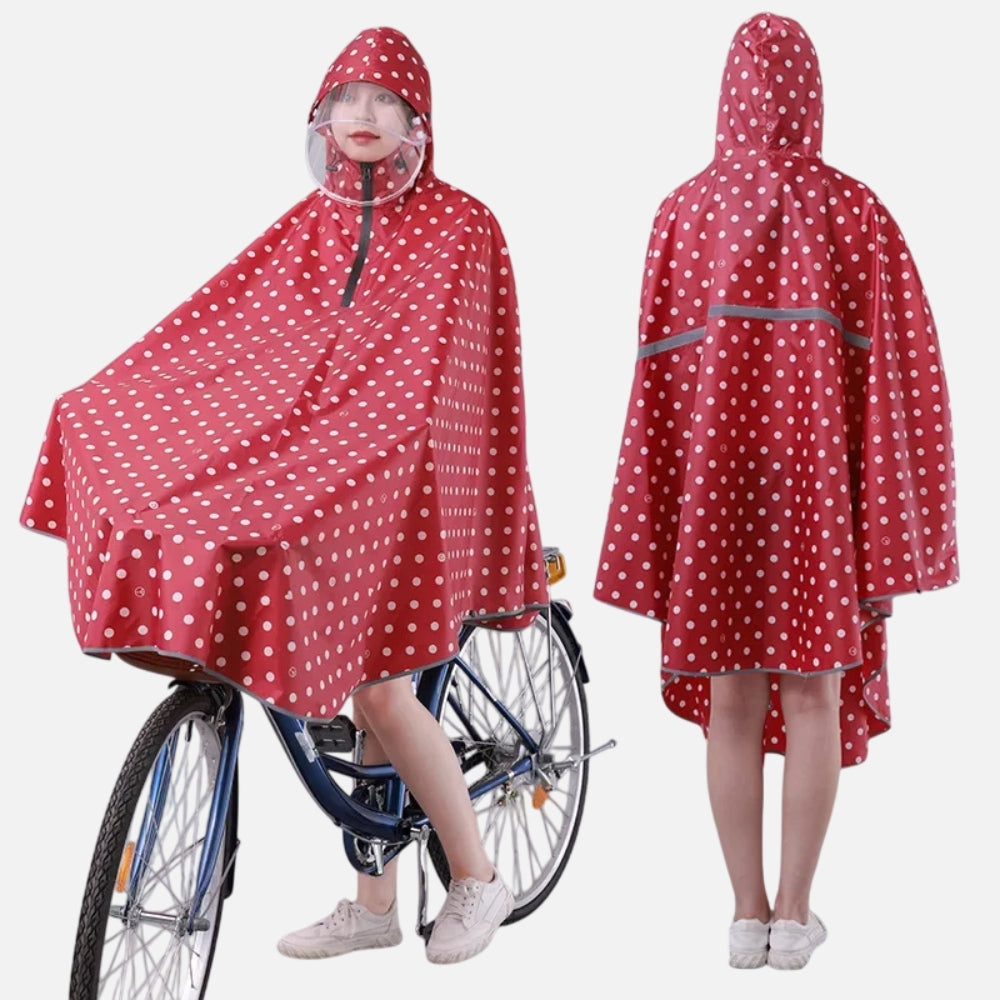 Poncho de pluie rouge à pois blancs avec capuche et visière, porté de face et de dos sur vélo