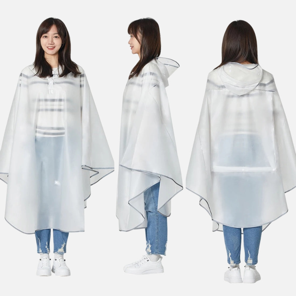 Poncho pluie transparent femme avec capuche et visière, porté de face et dos, imperméable réfléchissant