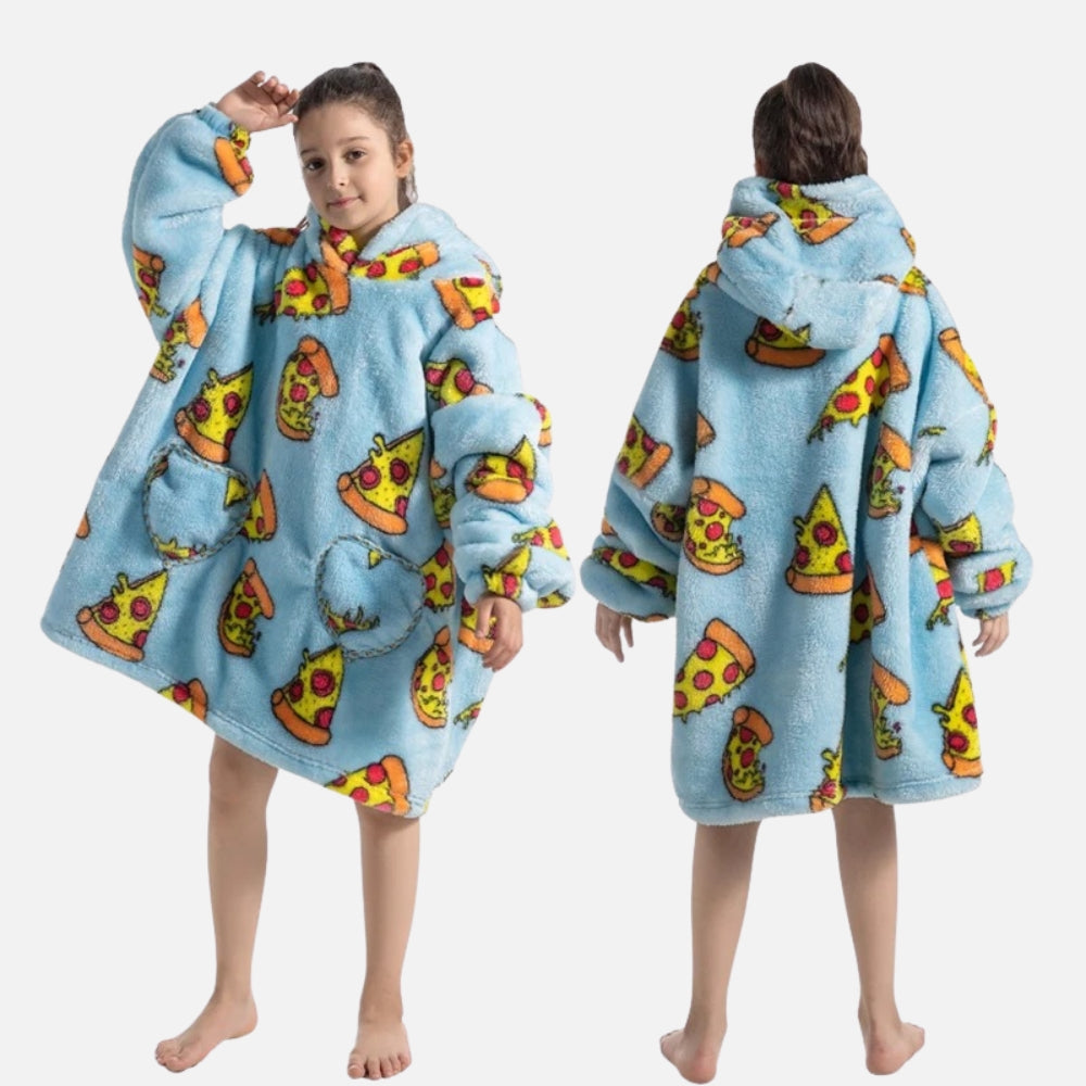 Enfant portant poncho polaire bleu capuche pizza, vue avant arrière, poche ventrale