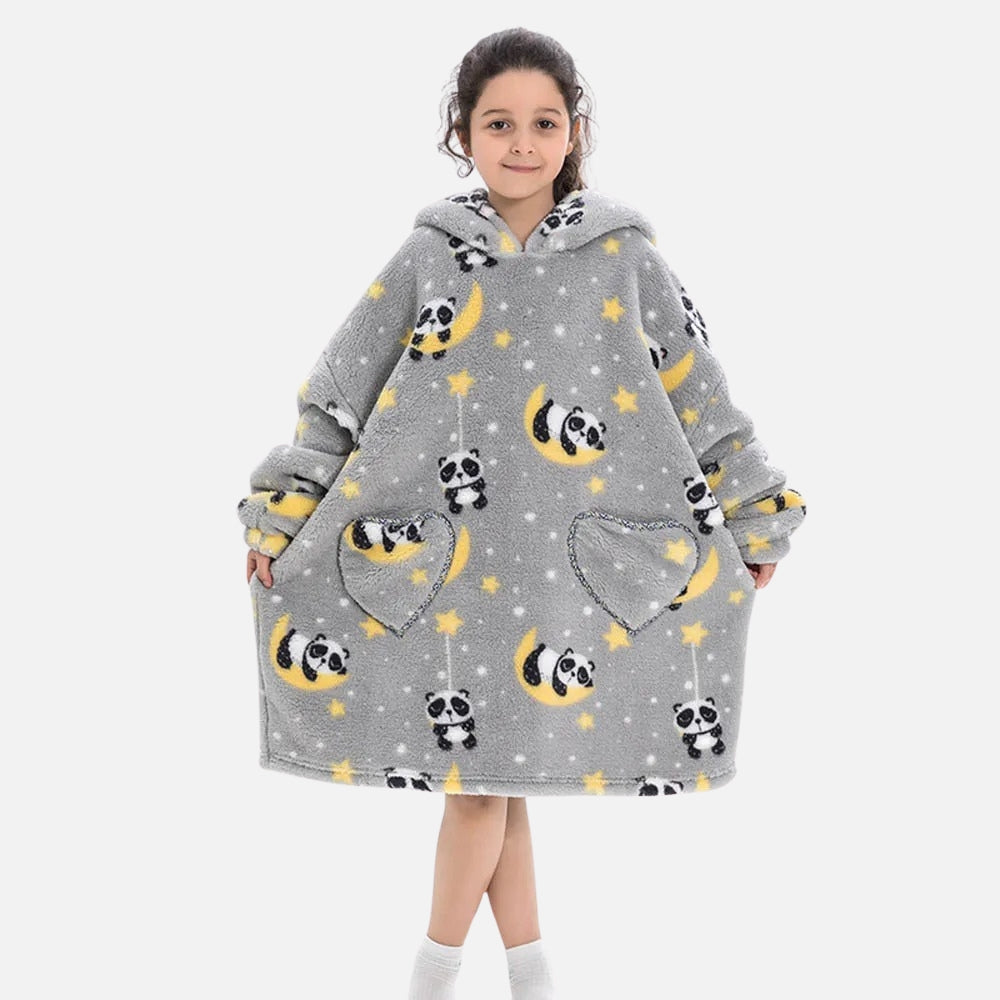 Enfant portant poncho polaire gris capuche panda lune motif jaune poches cœur