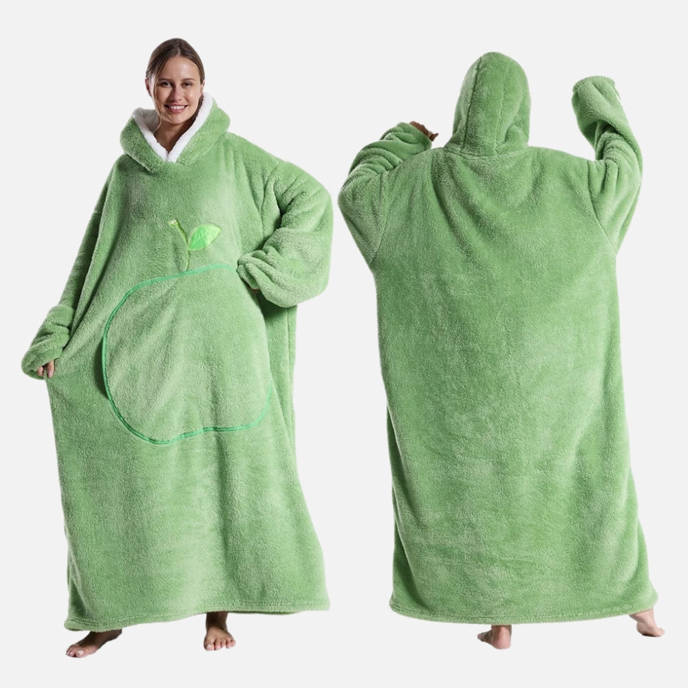 Poncho polaire femme vert capuche sherpa avec poche ventrale, vue avant arrière