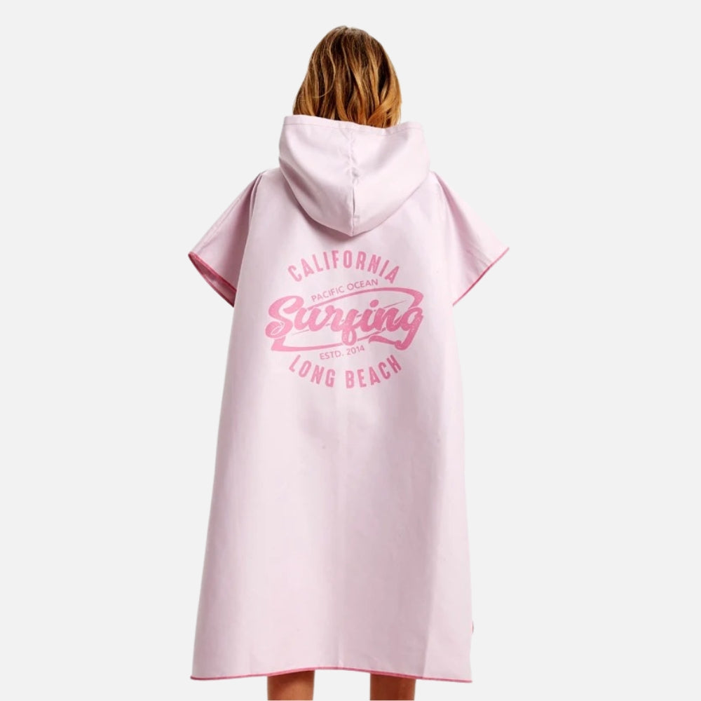Poncho surf microfibre femme rose avec capuche, motif surfing Long Beach, vue de dos