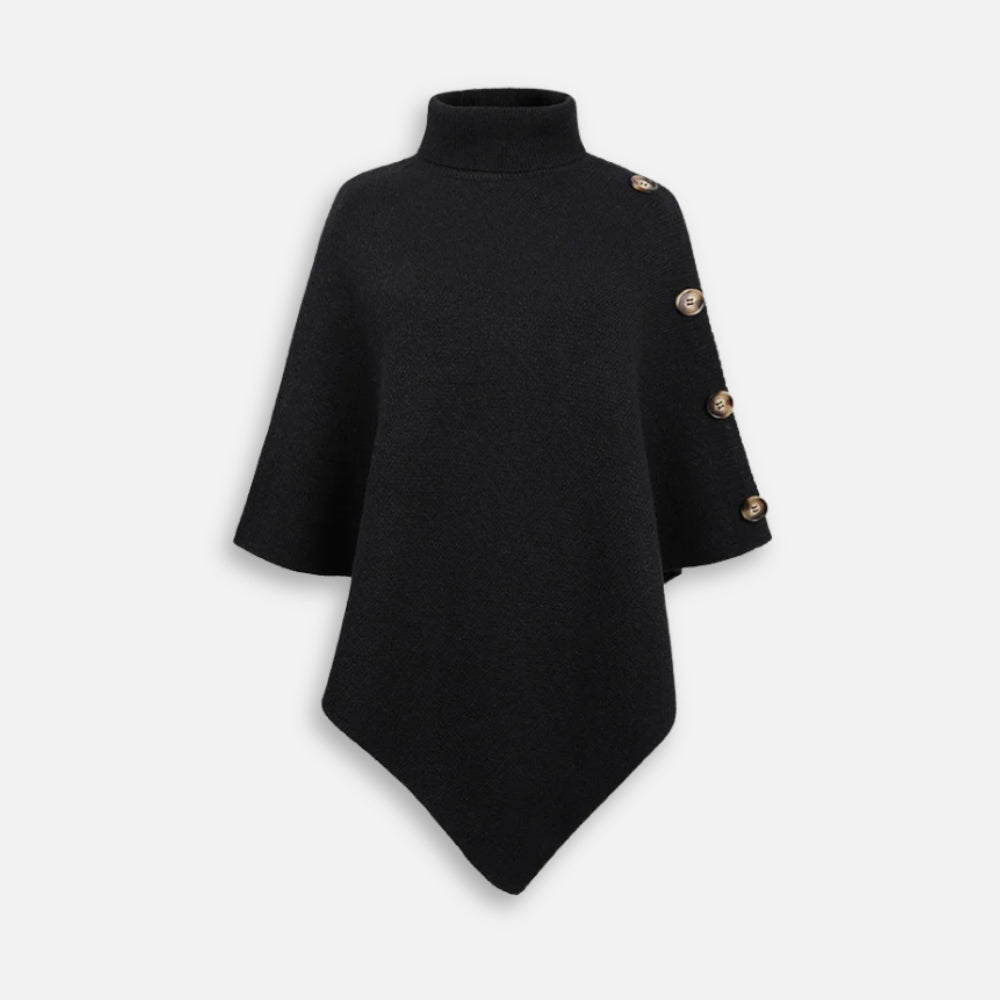 Pull poncho noir femme col montant avec boutons dorés, coupe ample et asymétrique