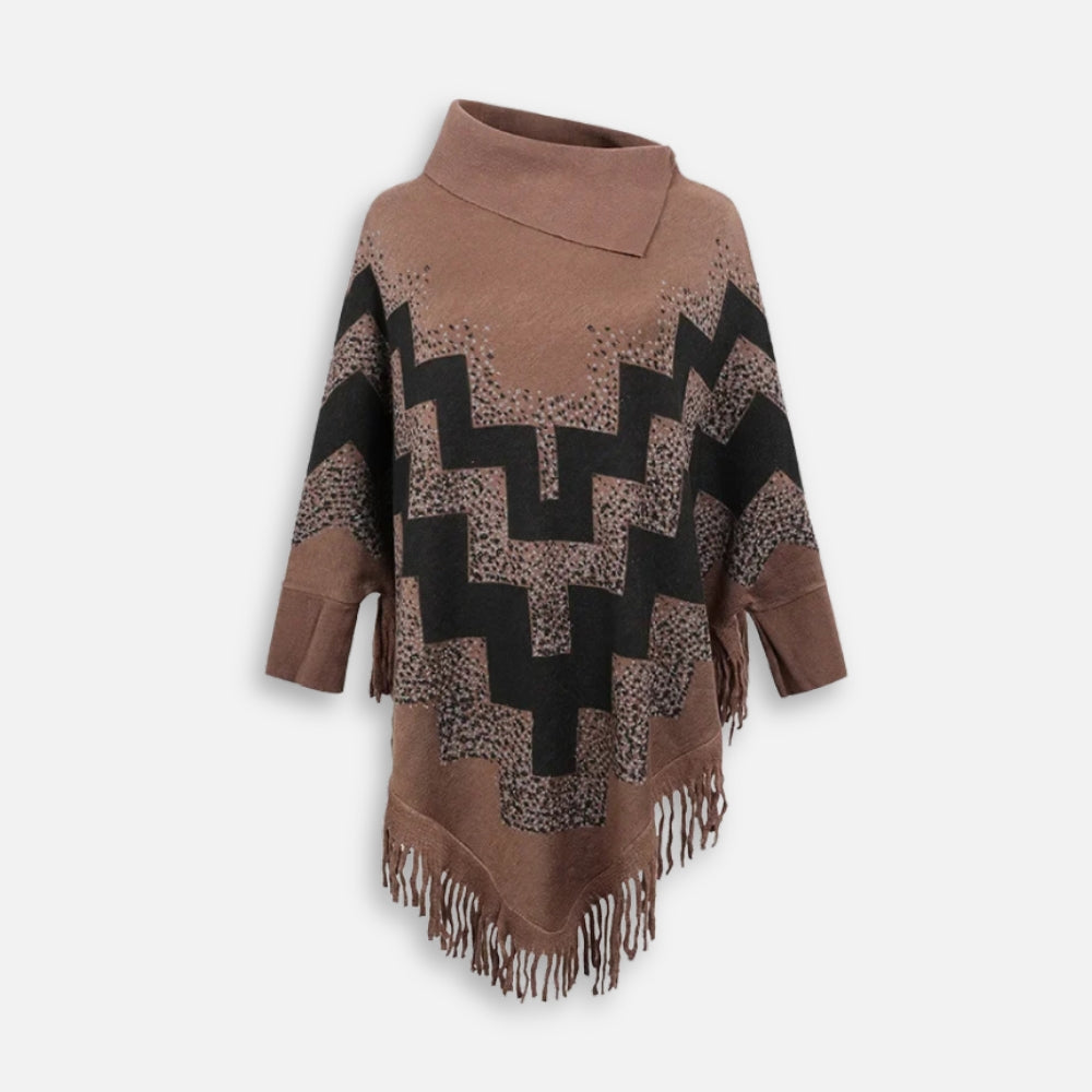 Poncho femme col montant marron avec motif géométrique noir et franges, vue de face