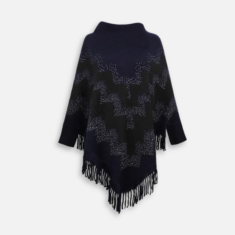 Pull poncho femme noir col montant avec motif graphique gris et franges asymétriques