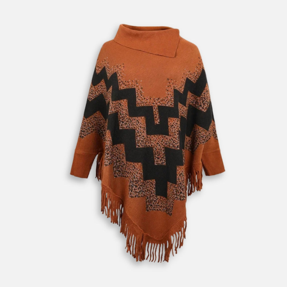 Pull poncho femme coton orange col montant motif graphique noir franges